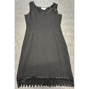 El Ana Dress Womens Medium Petite Black‎ Sleeveless Sheath Satin Trim Lace Hem